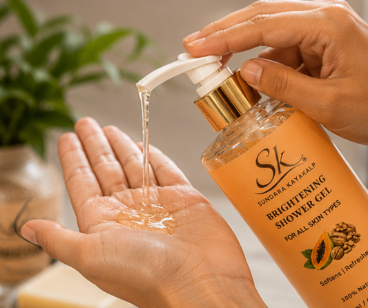 Sundara Kayakalp Brightening Shower Gel being dispensed into hand