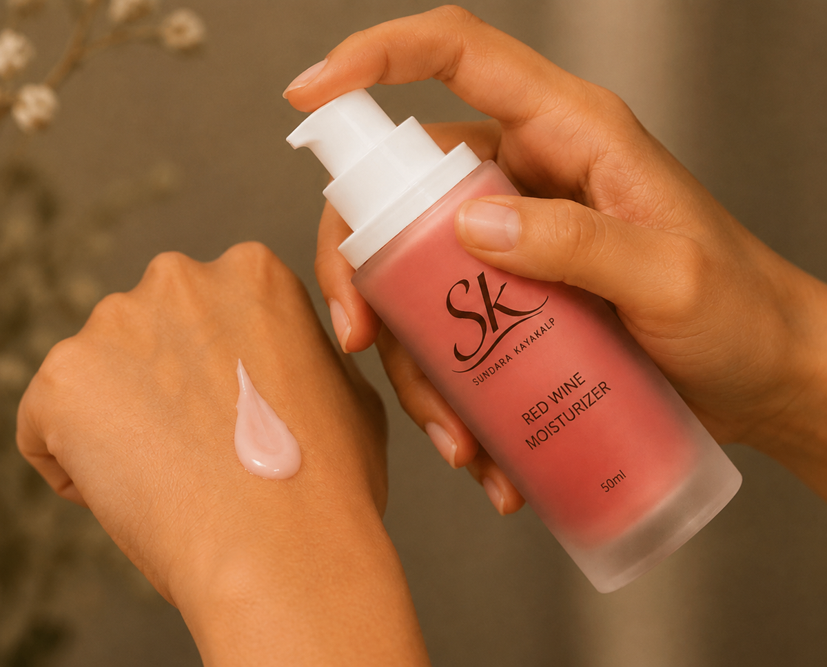 SK Sundara Kayakalp Red Wine Moisturizer with cream texture shown on hand.