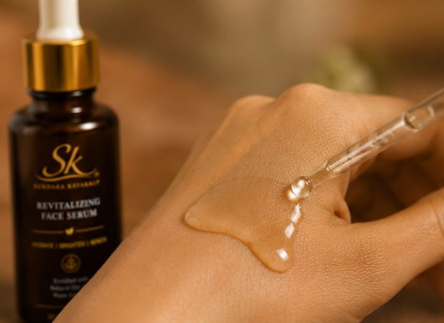A close-up of a hand with a glossy smear of clear face serum, with a glass dropper applying more serum, next to a dark amber bottle labeled SK Revitalizing Face Serum.