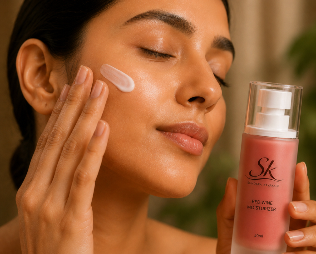 Sundara Kayakalp Red Wine Moisturizer being applied to face