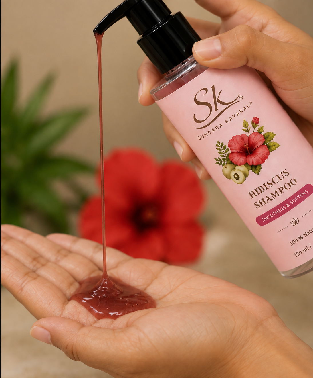 Sundara Kayakalp Hibiscus Shampoo being dispensed into hand